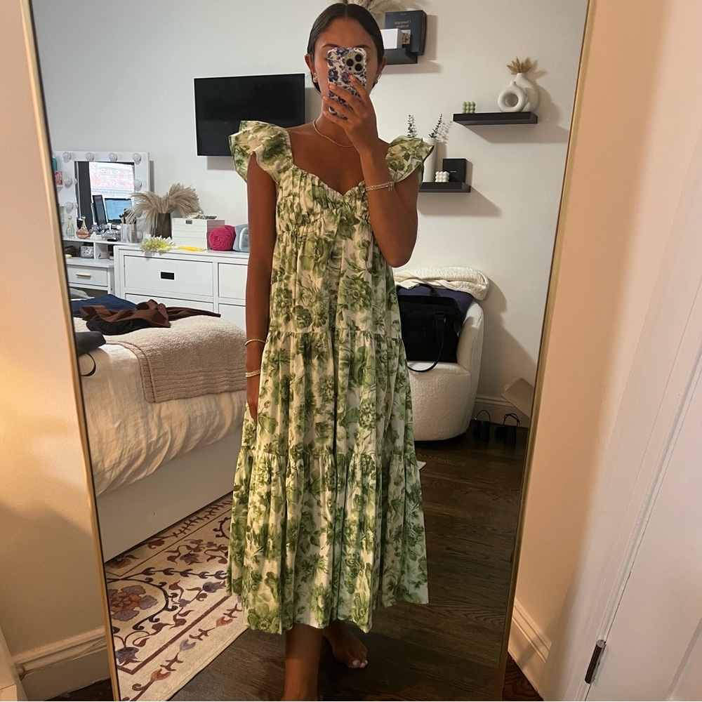 Abercrombie & Fitch poplin floral midi dress with ruffle sleeves and ruched bust